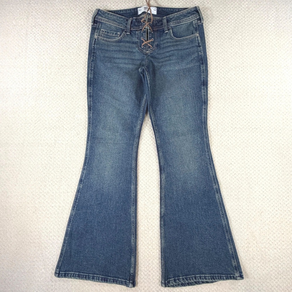 Y2K Style Flare Jeans Hollister Women 6/28 Lace Up Fly 70s Flare Festival Retro